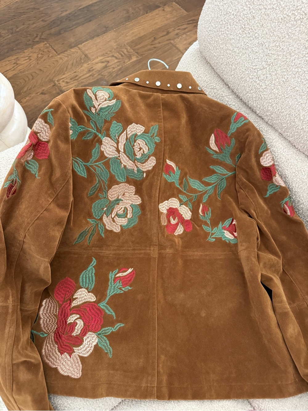 A unique piece from Urbancode UK. Brown faux Suede Floral Embroidered Jacket
